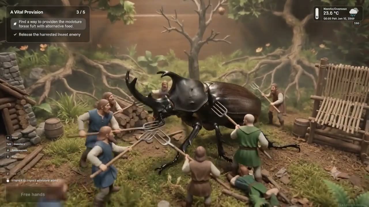 Colonists facing a beetle in Tiny Colonies